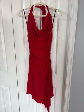 Red Halter Asymmetrical Draped Evening Dress